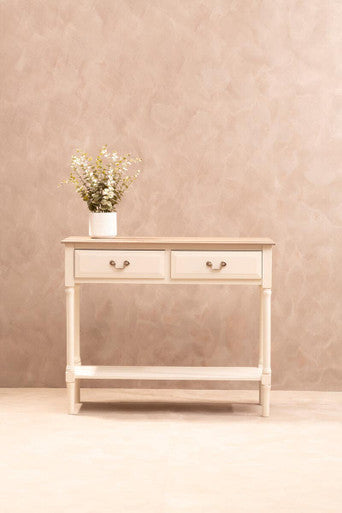 Heritage Ivory and Natural Wooden 2 Drawer Console Table with Lower Shelf