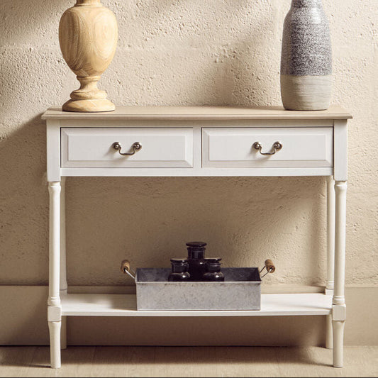 Heritage Ivory and Natural Wooden 2 Drawer Console Table with Lower Shelf