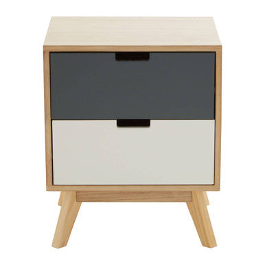 Grey and White Two-Drawer Bedside Table with Natural Wood Finish Frame, Watson