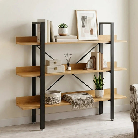 Laxton Light Oak Effect 3 Tier Large Shelf Unit with Black Finish Frame