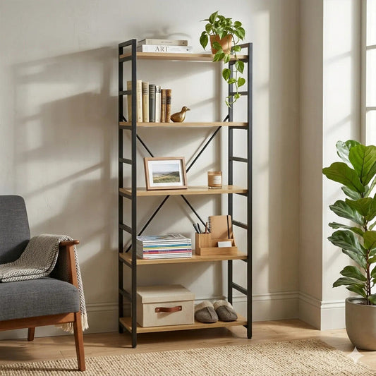 Laxton Light Oak Effect 5 Tier Small Shelf Unit with Black Finish Frame