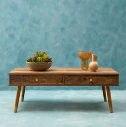 Brown Wood Veneer Coffee Table with 2 Drawers and Angular Wooden Legs | Frida