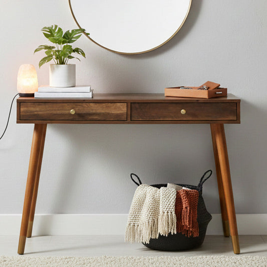 Brown Natural Wood Veneer Console Table with 2 Storage Drawers | Frida