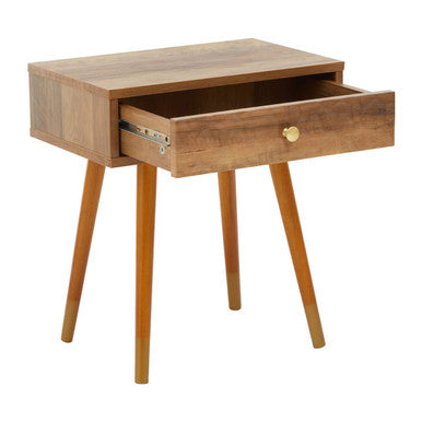 Natural Brown Wood Effect Bedside Table with 1 Drawer and Angular Legs | Frida