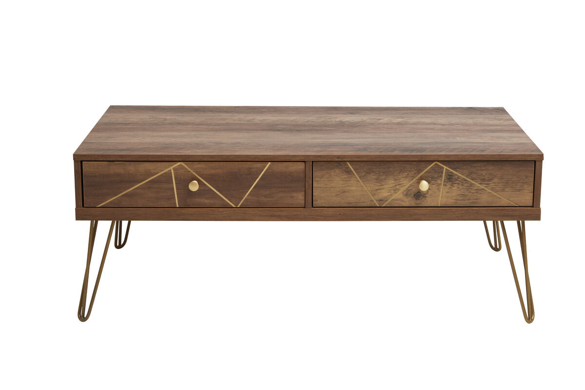 Brown Wood Top 2-Drawer Coffee Table with Hairpin Legs, Flori
