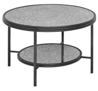 Two Tier Antique Mirror Round Coffee Table with Black and Silver Frame, Xania