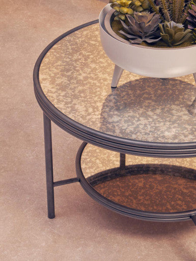 Two Tier Antique Mirror Round Coffee Table with Black and Silver Frame, Xania