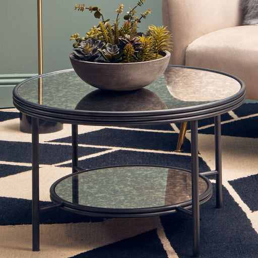 Two Tier Antique Mirror Round Coffee Table with Black and Silver Frame, Xania