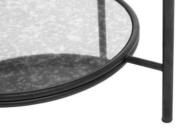 Two Tier Antique Mirror Round Coffee Table with Black and Silver Frame, Xania