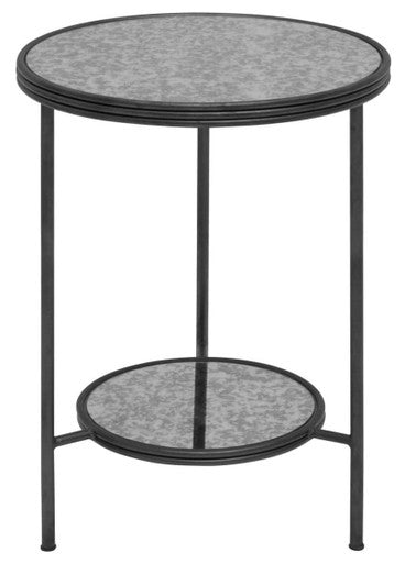 Black and Silver Metal Frame 2-Tier Side Table with Round Mirrored Glass Top, Xania