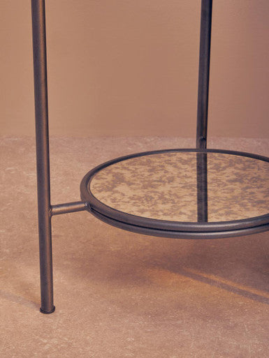 Black and Silver Metal Frame 2-Tier Side Table with Round Mirrored Glass Top, Xania