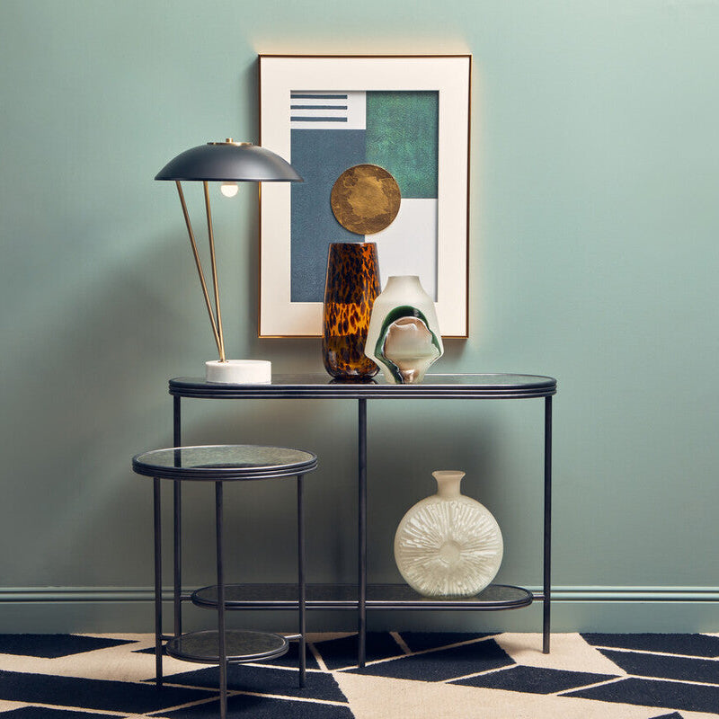 Black and Silver Metal Frame 2-Tier Side Table with Round Mirrored Glass Top, Xania