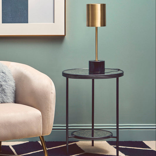 Black and Silver Metal Frame 2-Tier Side Table with Round Mirrored Glass Top, Xania