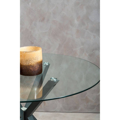 Clear Glass Top Round Dining Table with Grey Metal Legs, Salford