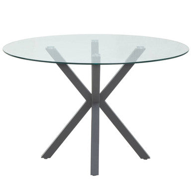 Clear Glass Top Round Dining Table with Grey Metal Legs, Salford