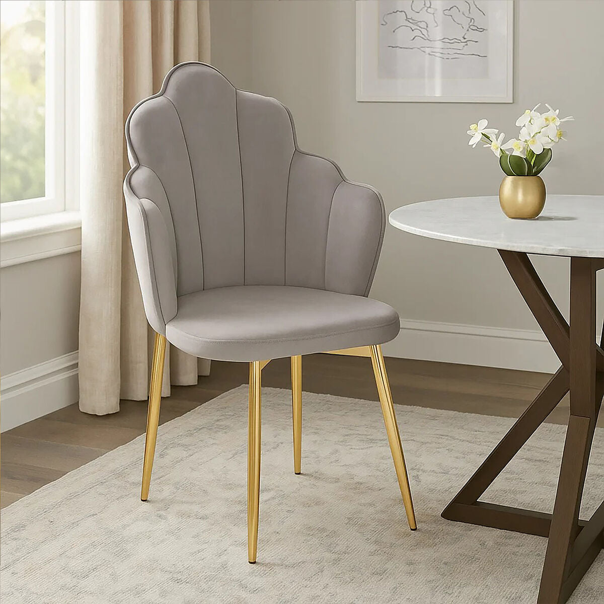 Tian Grey Velvet Scalloped Dining Chair