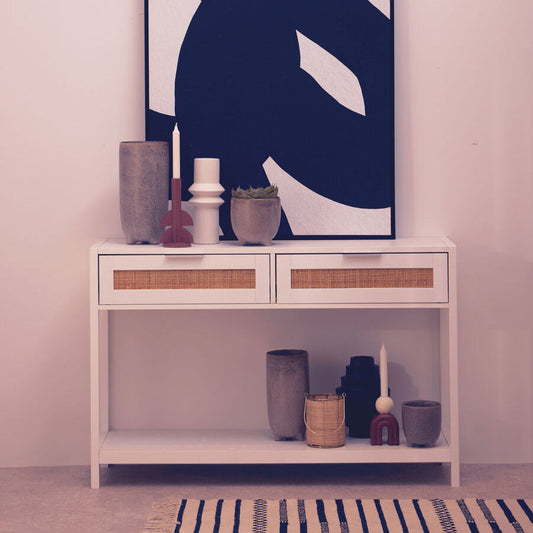 White Wooden Console Table with Rattan 2 Drawers | Sherman