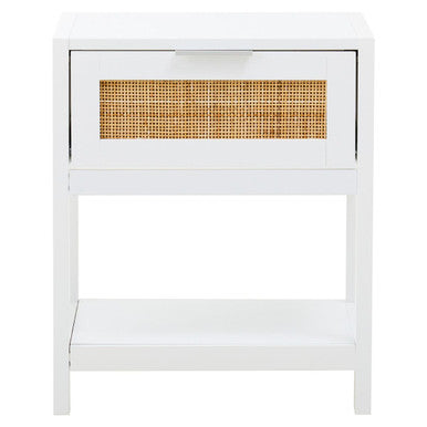 White Wooden Side Table with Rattan 1 Drawers, Sherman