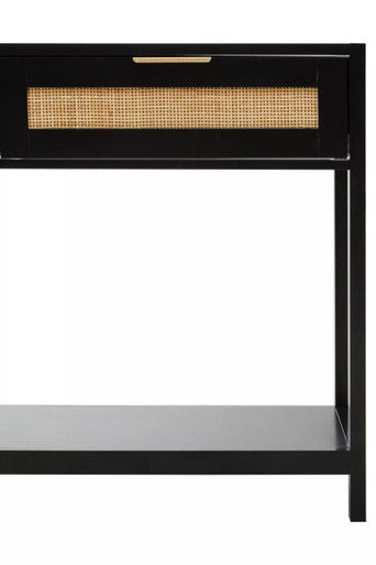Black Wooden 2-Drawer Console Table with Natural Rattan Panels and Lower Shelf, Sherman