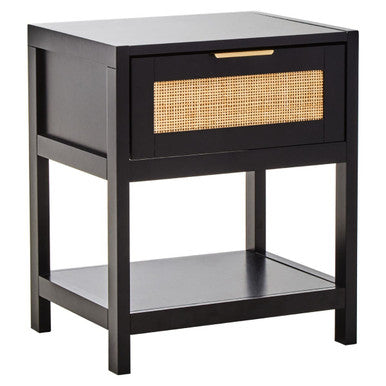 Black Wooden Bedside Table with Natural Rattan 1 Drawer, Sherman