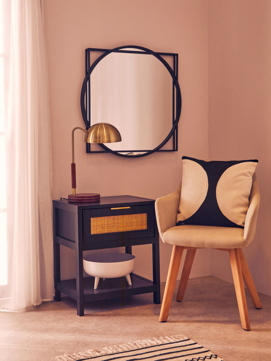 Black Wooden Bedside Table with Natural Rattan 1 Drawer, Sherman