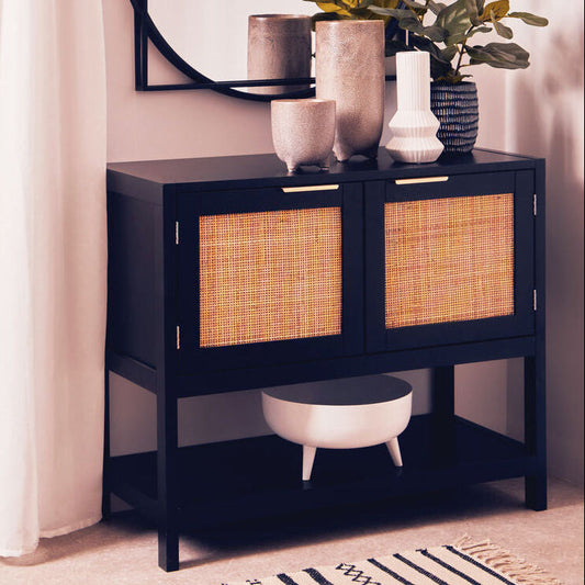 Sherman Black Finish and Natural Rattan 2 Door Side Cabinet