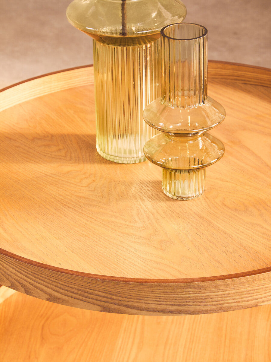Natural Wood Veneer Round Two-Tier Side Table, Viborg
