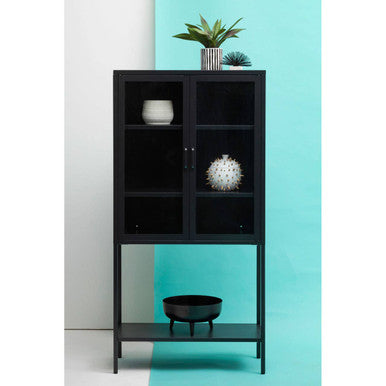 Acier Two Door Black Metal Cabinet with Glass Doors