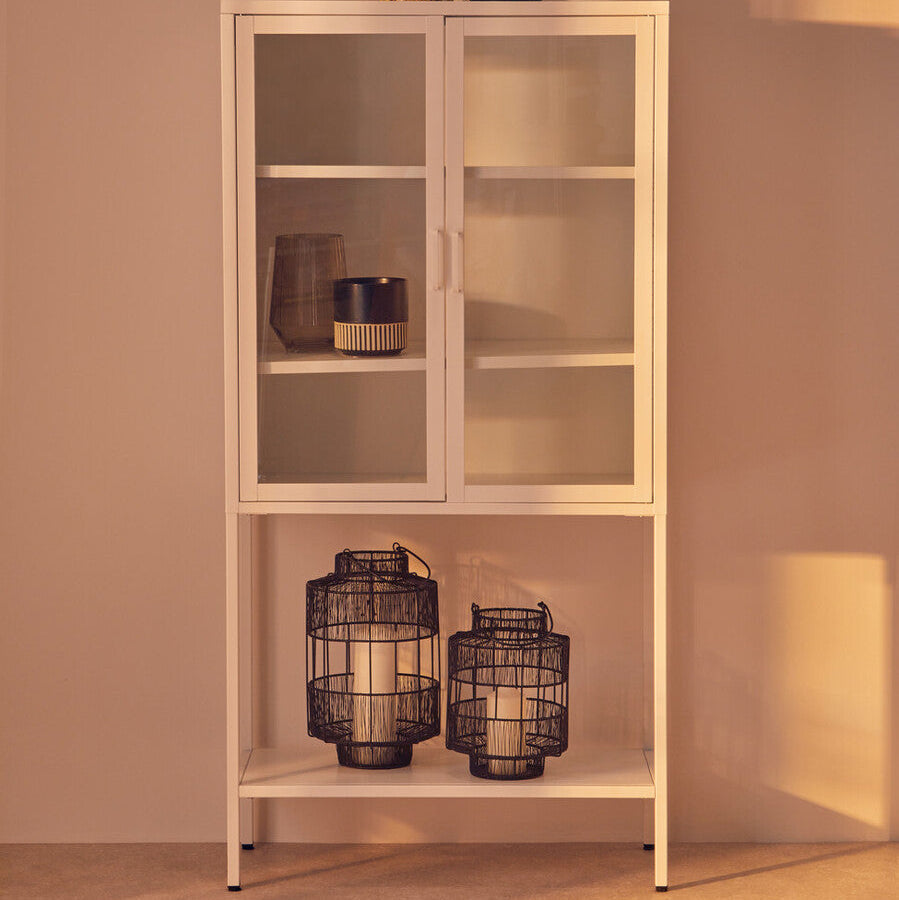 Acier Two Door White Metal Cabinet with Glass Doors