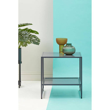 Grey Powder Coated Metal Square Side Table with Open Mesh Shelf, Acero