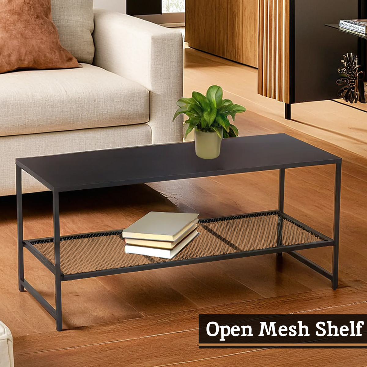 Black Powder Coated Metal Coffee Table with Open Storage Mesh Shelf, Acero