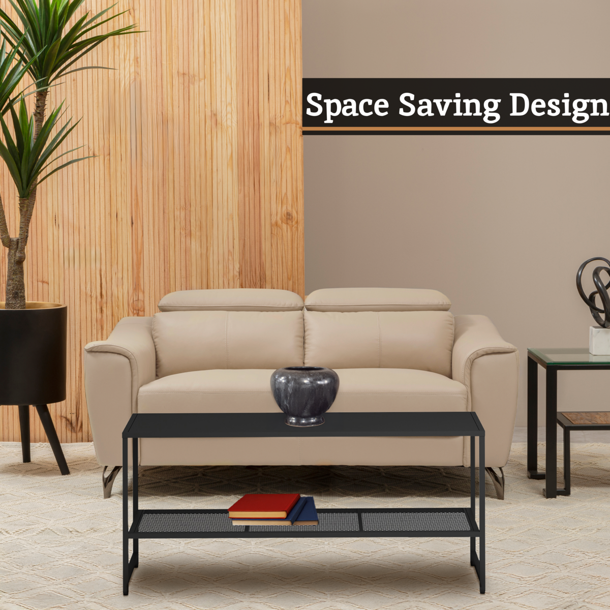Black Powder Coated Metal Coffee Table with Open Storage Mesh Shelf, Acero