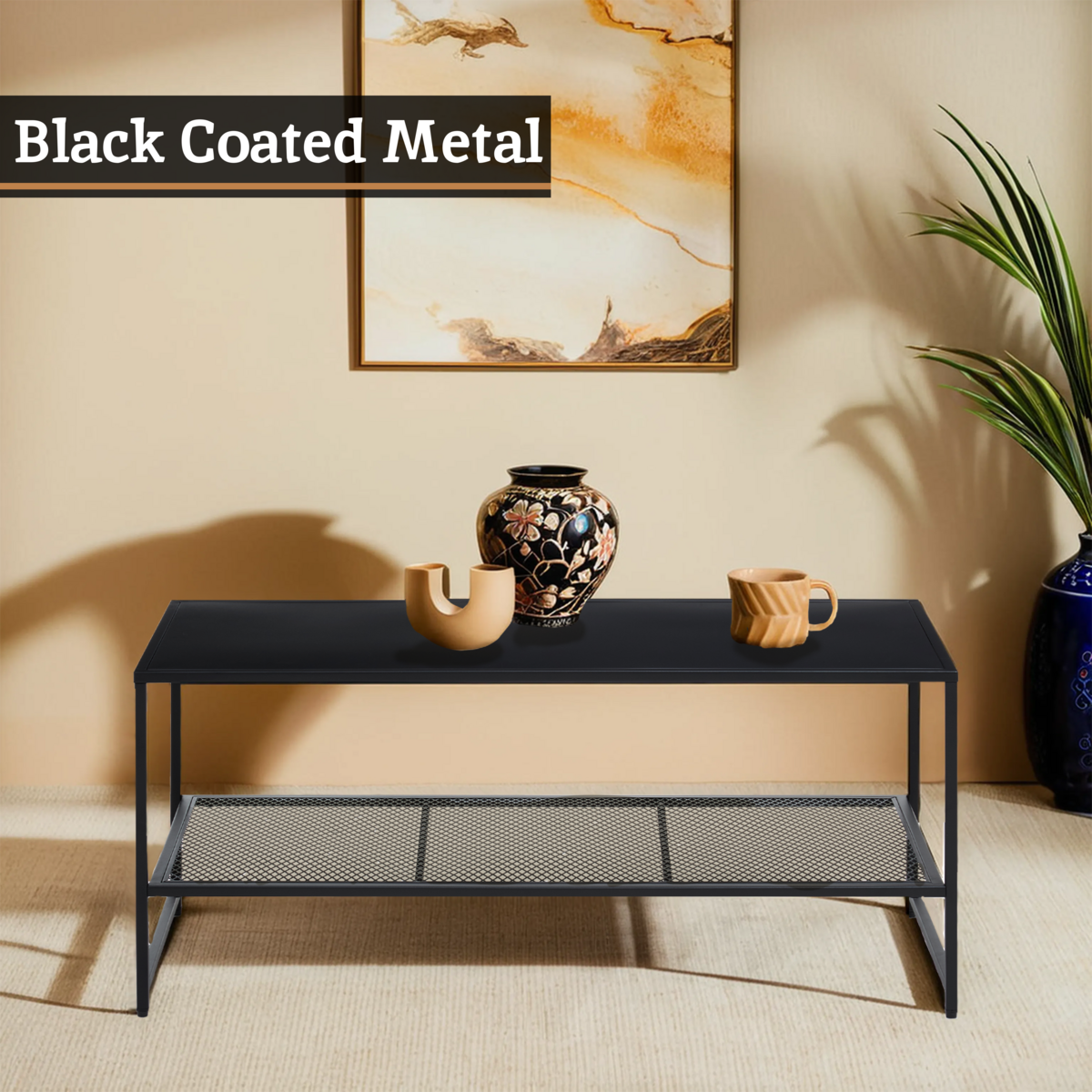 Black Powder Coated Metal Coffee Table with Open Storage Mesh Shelf, Acero