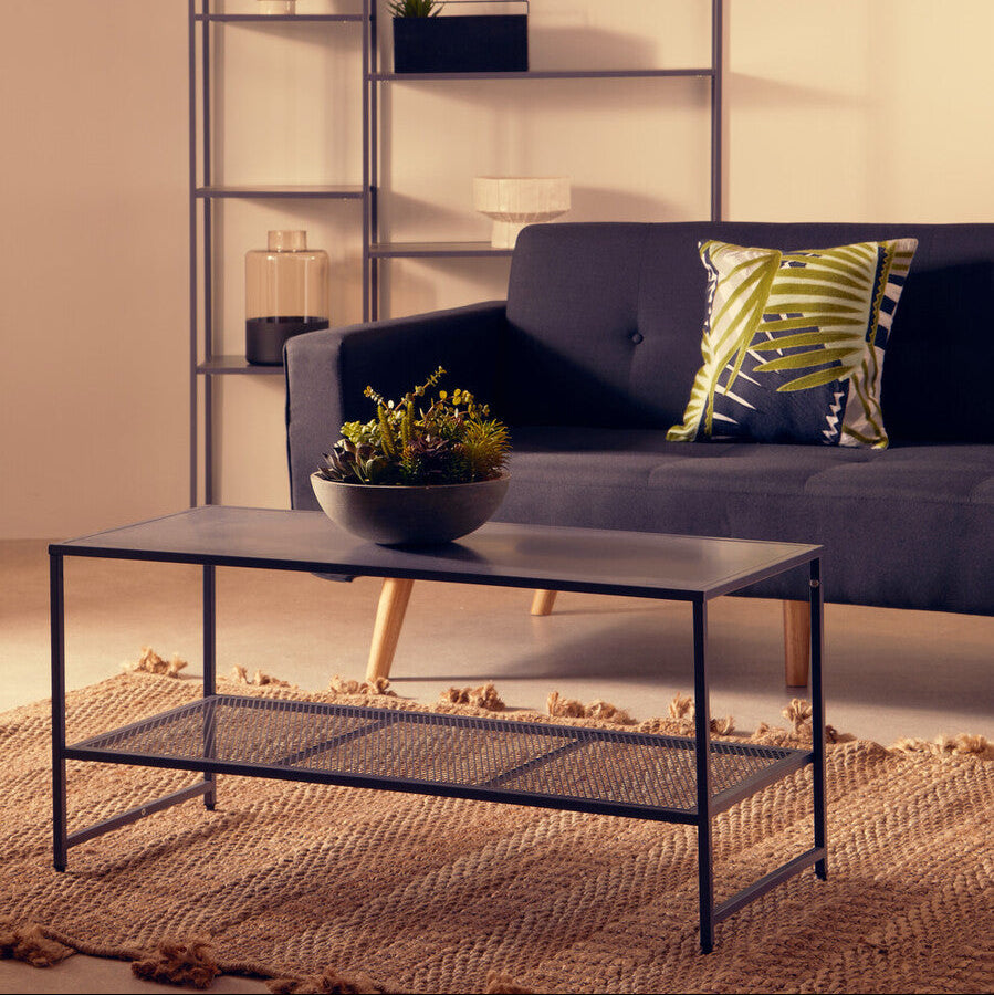 Grey Powder Coated Metal Coffee Table with Lower Mesh Display Shelf, Acero
