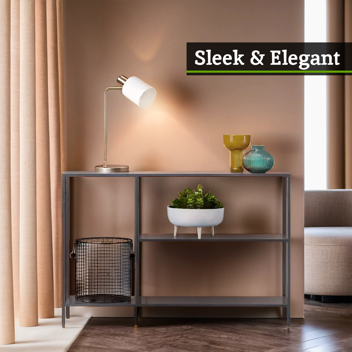 Grey Metal Console Table with Rectangular Top and Two-Tier Open Shelf Storage, Acero
