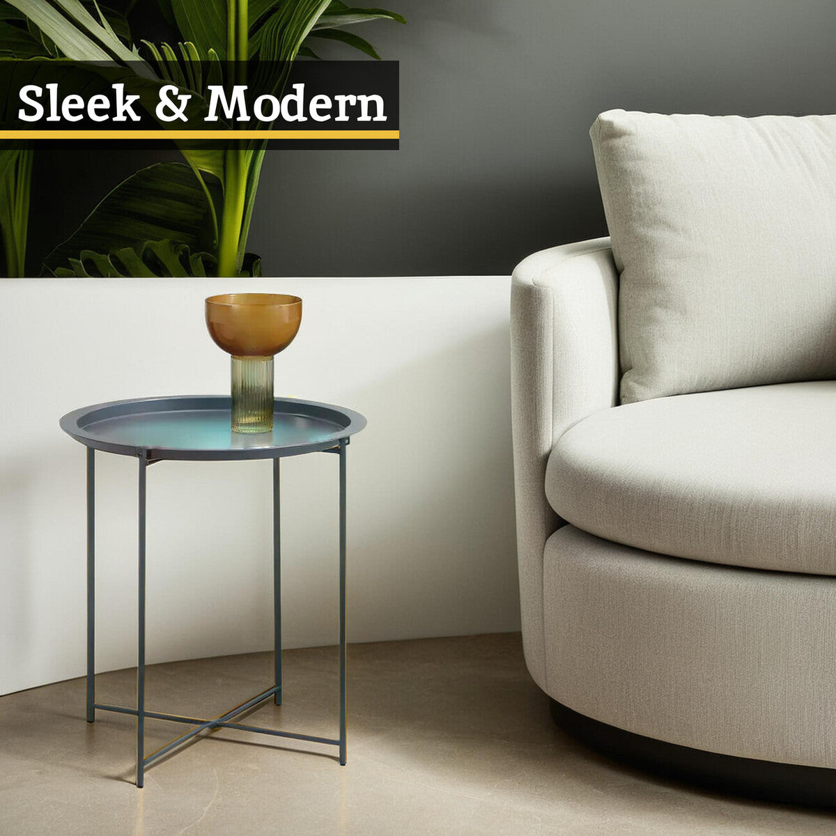 Grey Powder Coated Metal Round Side Table with Intersecting Cross Base, Acero