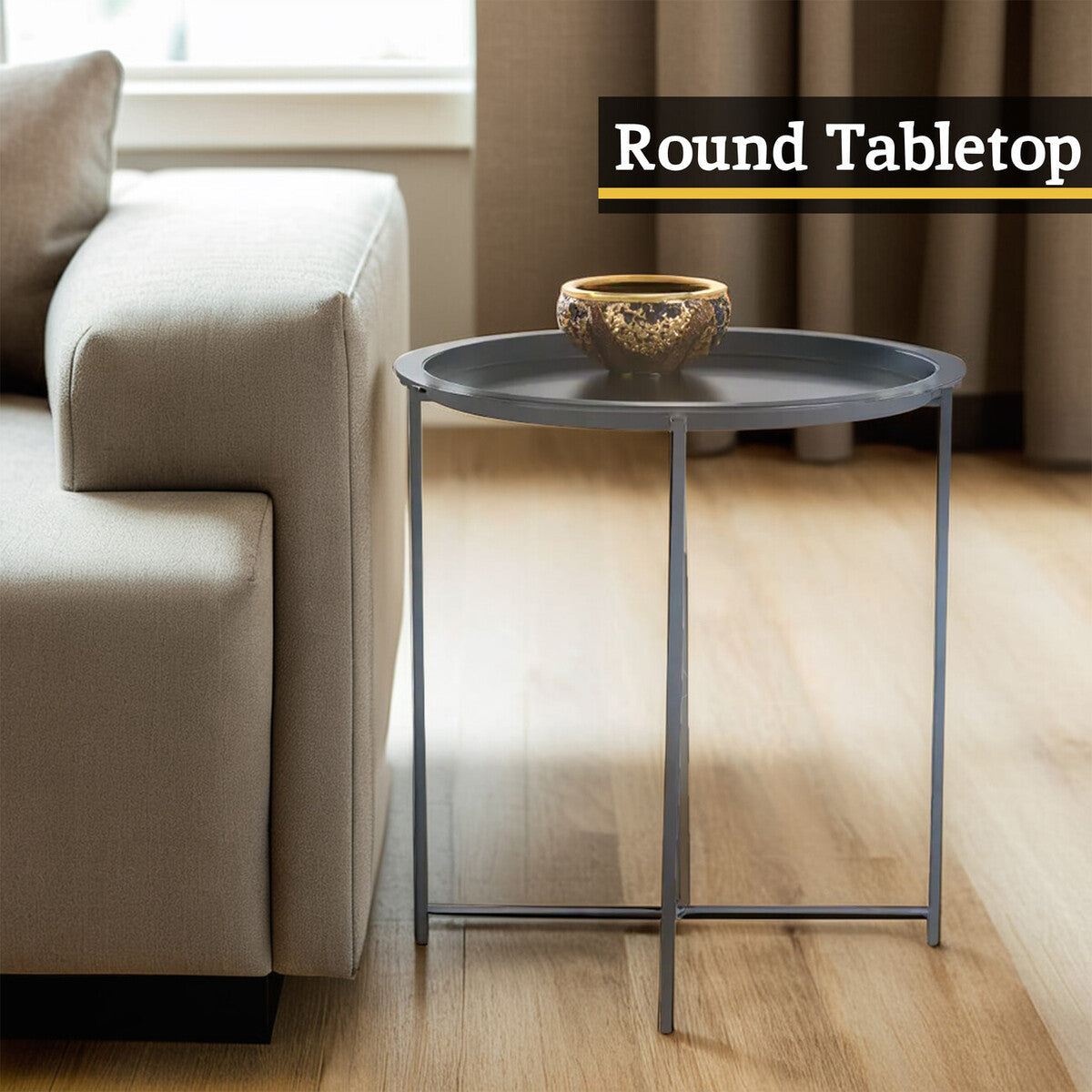 Grey Powder Coated Metal Round Side Table with Intersecting Cross Base, Acero