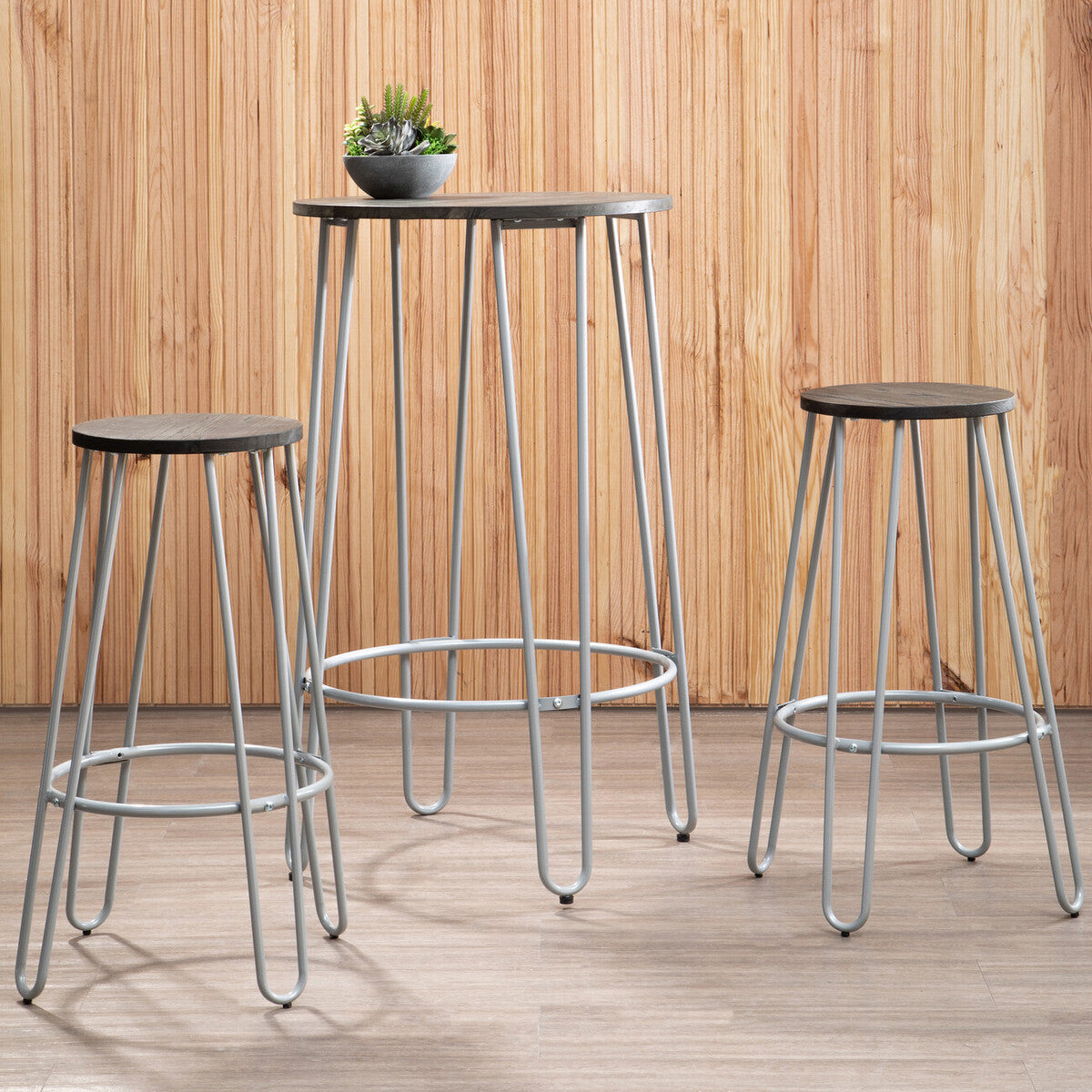 3 Piece Elm Wood Bar Table and Stool Set with Hairpin Legs in Natural Finish | District