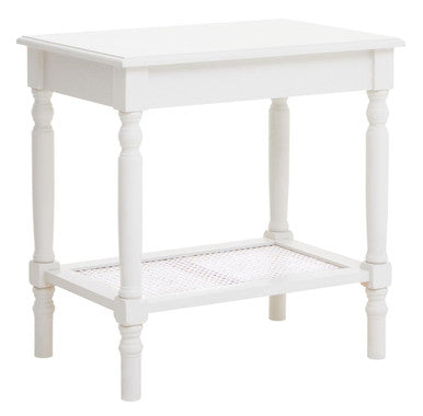 Heritage White Wooden Side Table with Rattan Shelf