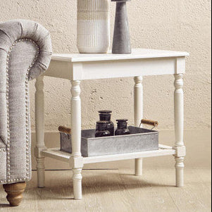 White Wooden 2-Tier Side Table with Cane Rattan Webbing Detail and Carved Legs, Heritage