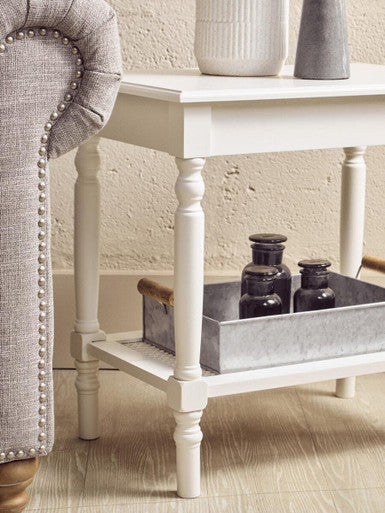 Heritage White Wooden Side Table with Rattan Shelf