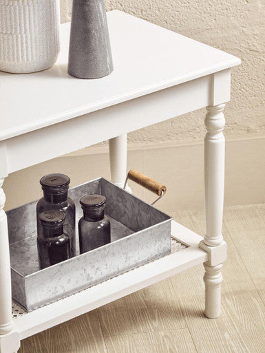 Heritage White Wooden Side Table with Rattan Shelf