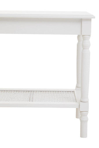 Heritage White Wooden Side Table with Rattan Shelf