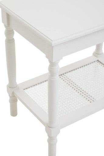 Heritage White Wooden Side Table with Rattan Shelf