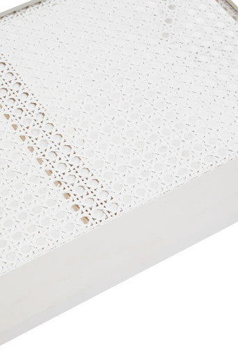 Heritage White Wooden Side Table with Rattan Shelf