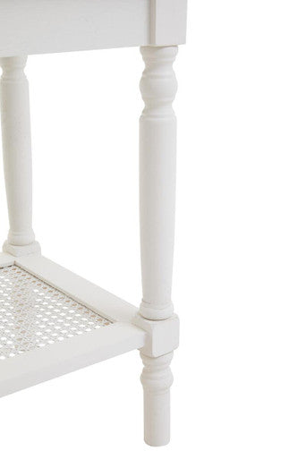 Heritage White Wooden Side Table with Rattan Shelf