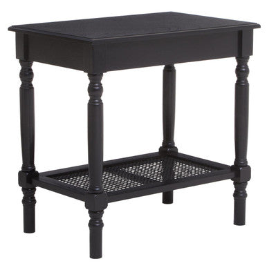 Heritage Black Wooden Side Table with Rattan Shelf