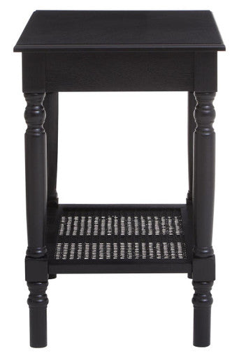 Heritage Black Wooden Side Table with Rattan Shelf