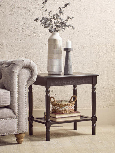 Heritage Black Wooden Side Table with Rattan Shelf