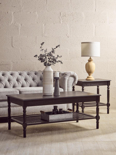Heritage Black Wooden Side Table with Rattan Shelf